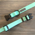 Load image into Gallery viewer, Wilderdog waterproof seafoam green and guava pink dog collars and leashes collection, neatly arranged
