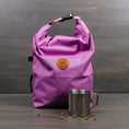 Load image into Gallery viewer, Lilac pink portable dog food bag with roll-top closure and branded logo

