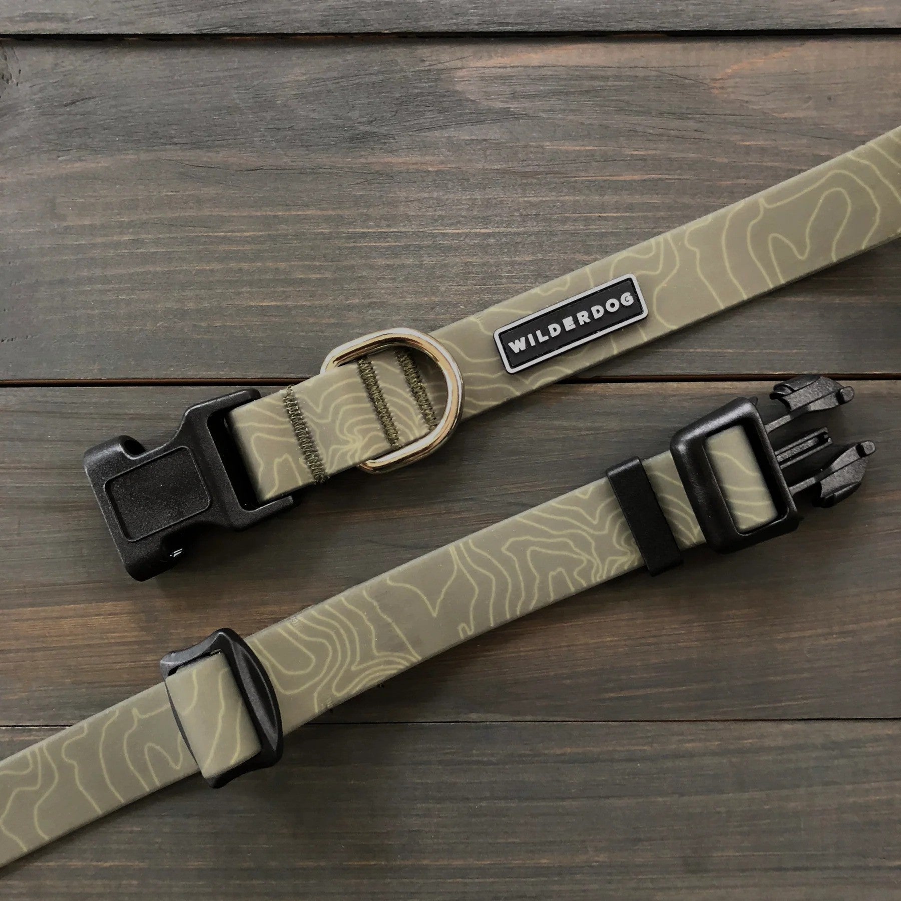 Olive green waterproof dog collar with black plastic buckle and metal D-ring for leash attachment